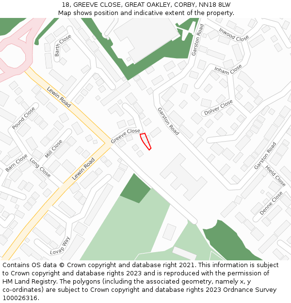 18, GREEVE CLOSE, GREAT OAKLEY, CORBY, NN18 8LW: Location map and indicative extent of plot
