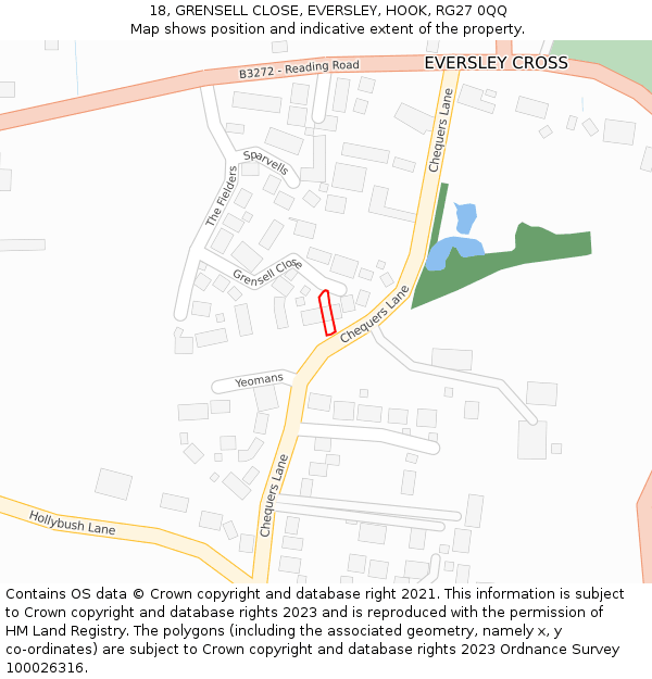 18, GRENSELL CLOSE, EVERSLEY, HOOK, RG27 0QQ: Location map and indicative extent of plot