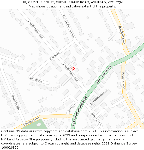 18, GREVILLE COURT, GREVILLE PARK ROAD, ASHTEAD, KT21 2QN: Location map and indicative extent of plot