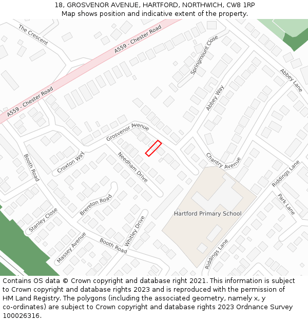 18, GROSVENOR AVENUE, HARTFORD, NORTHWICH, CW8 1RP: Location map and indicative extent of plot