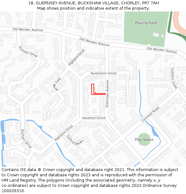 18, GUERNSEY AVENUE, BUCKSHAW VILLAGE, CHORLEY, PR7 7AH: Location map and indicative extent of plot