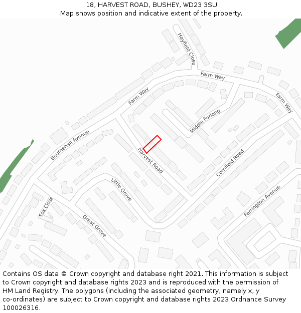 18, HARVEST ROAD, BUSHEY, WD23 3SU: Location map and indicative extent of plot