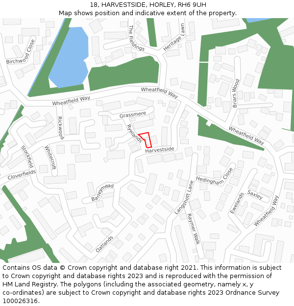 18, HARVESTSIDE, HORLEY, RH6 9UH: Location map and indicative extent of plot