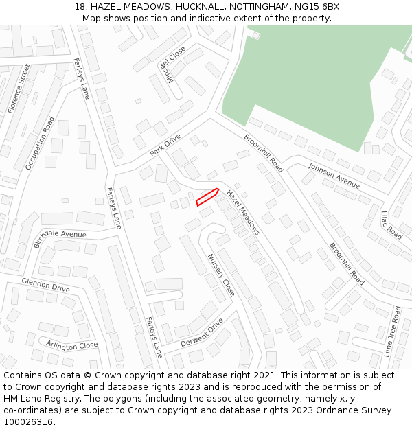 18, HAZEL MEADOWS, HUCKNALL, NOTTINGHAM, NG15 6BX: Location map and indicative extent of plot