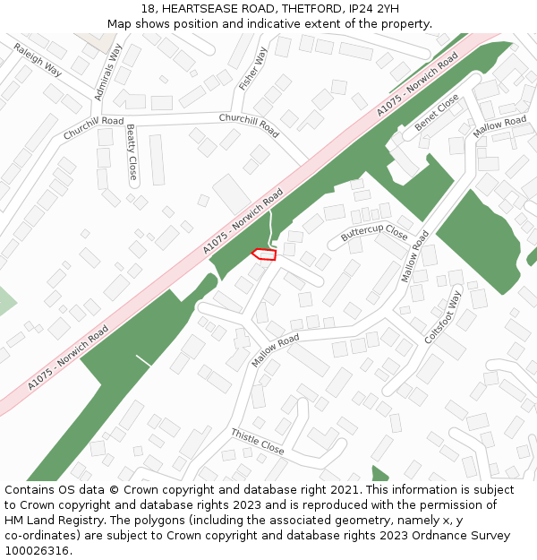 18, HEARTSEASE ROAD, THETFORD, IP24 2YH: Location map and indicative extent of plot