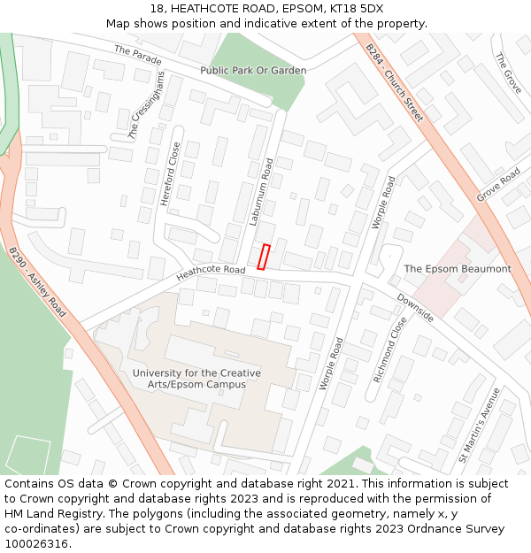 18, HEATHCOTE ROAD, EPSOM, KT18 5DX: Location map and indicative extent of plot