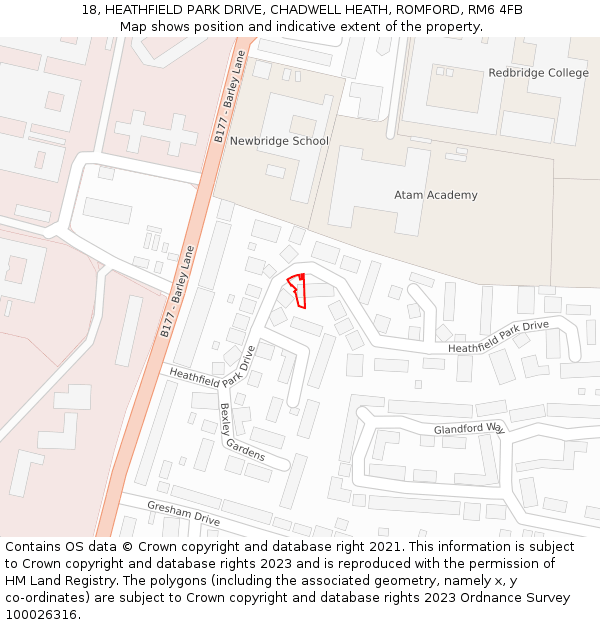 18, HEATHFIELD PARK DRIVE, CHADWELL HEATH, ROMFORD, RM6 4FB: Location map and indicative extent of plot
