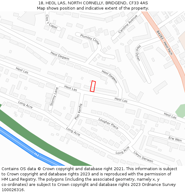 18, HEOL LAS, NORTH CORNELLY, BRIDGEND, CF33 4AS: Location map and indicative extent of plot