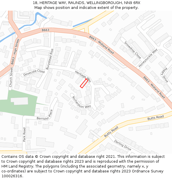 18, HERITAGE WAY, RAUNDS, WELLINGBOROUGH, NN9 6RX: Location map and indicative extent of plot