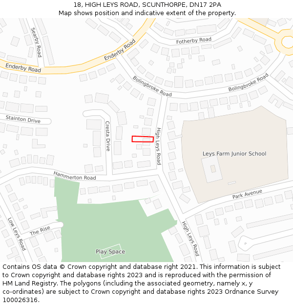 18, HIGH LEYS ROAD, SCUNTHORPE, DN17 2PA: Location map and indicative extent of plot