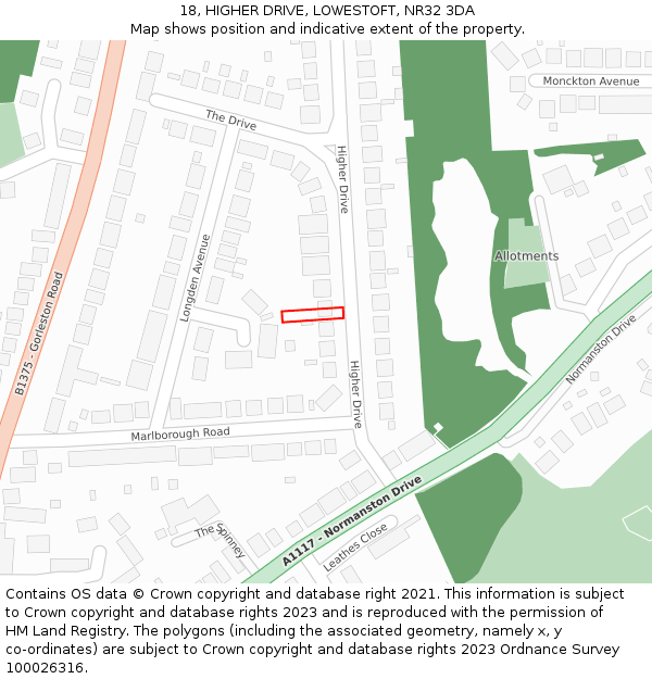 18, HIGHER DRIVE, LOWESTOFT, NR32 3DA: Location map and indicative extent of plot