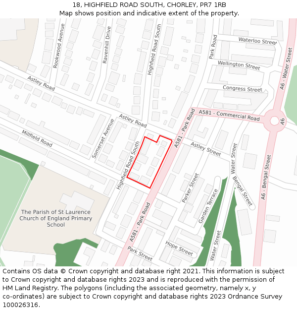 18, HIGHFIELD ROAD SOUTH, CHORLEY, PR7 1RB: Location map and indicative extent of plot