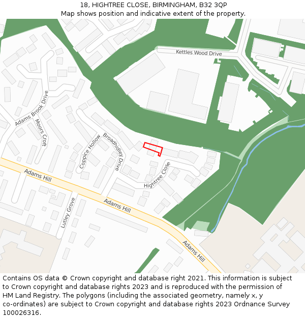 18, HIGHTREE CLOSE, BIRMINGHAM, B32 3QP: Location map and indicative extent of plot