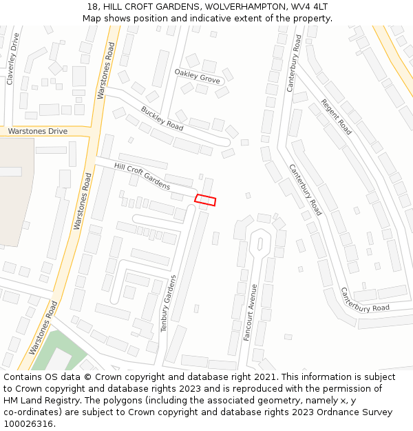 18, HILL CROFT GARDENS, WOLVERHAMPTON, WV4 4LT: Location map and indicative extent of plot