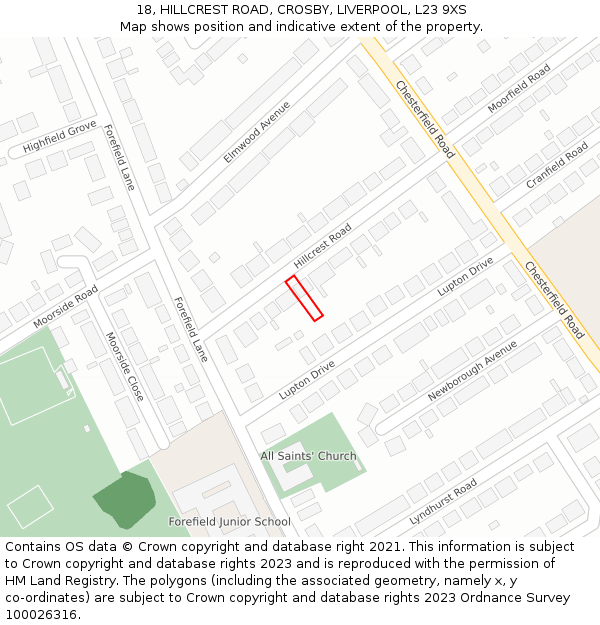 18, HILLCREST ROAD, CROSBY, LIVERPOOL, L23 9XS: Location map and indicative extent of plot