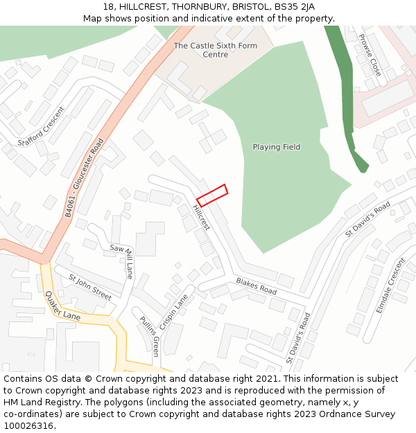 18, HILLCREST, THORNBURY, BRISTOL, BS35 2JA: Location map and indicative extent of plot