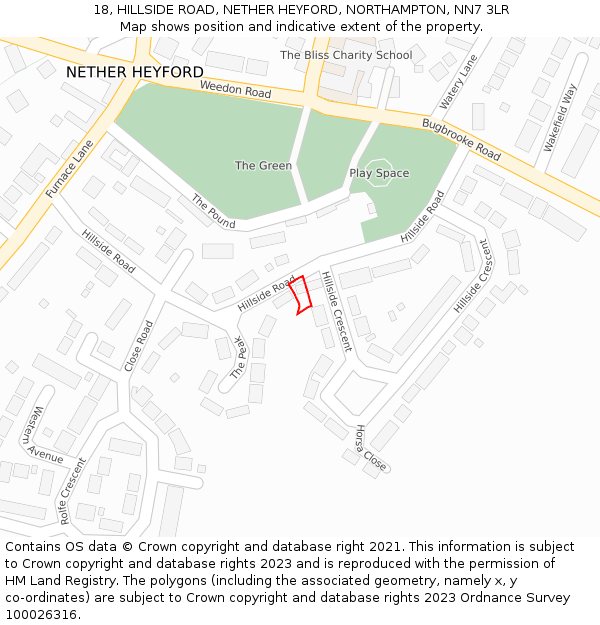 18, HILLSIDE ROAD, NETHER HEYFORD, NORTHAMPTON, NN7 3LR: Location map and indicative extent of plot