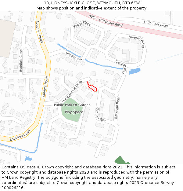 18, HONEYSUCKLE CLOSE, WEYMOUTH, DT3 6SW: Location map and indicative extent of plot