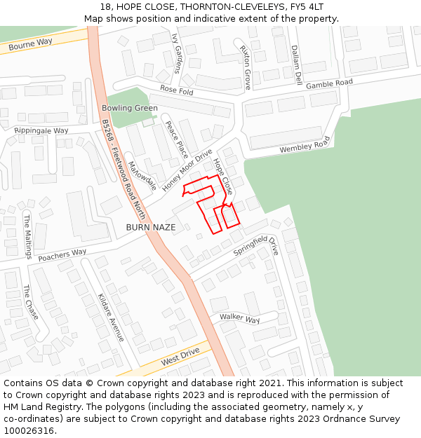 18, HOPE CLOSE, THORNTON-CLEVELEYS, FY5 4LT: Location map and indicative extent of plot