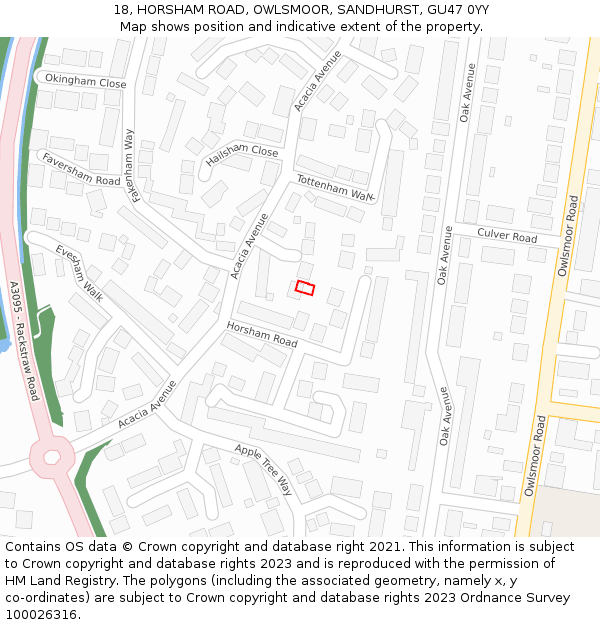 18, HORSHAM ROAD, OWLSMOOR, SANDHURST, GU47 0YY: Location map and indicative extent of plot