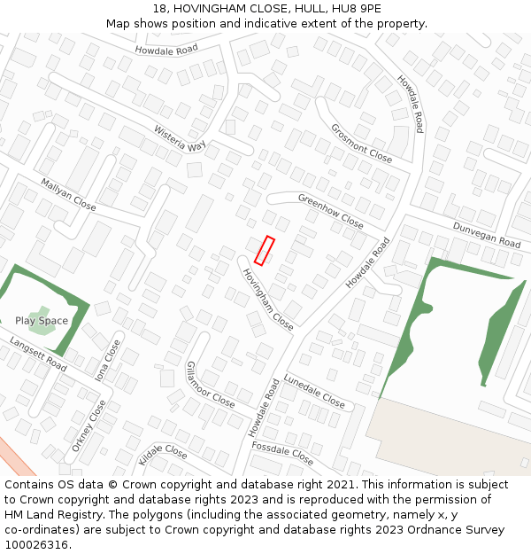 18, HOVINGHAM CLOSE, HULL, HU8 9PE: Location map and indicative extent of plot