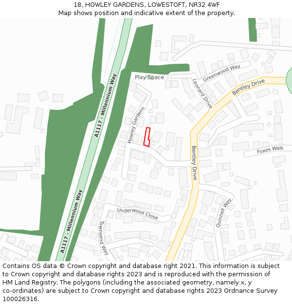 18, HOWLEY GARDENS, LOWESTOFT, NR32 4WF: Location map and indicative extent of plot