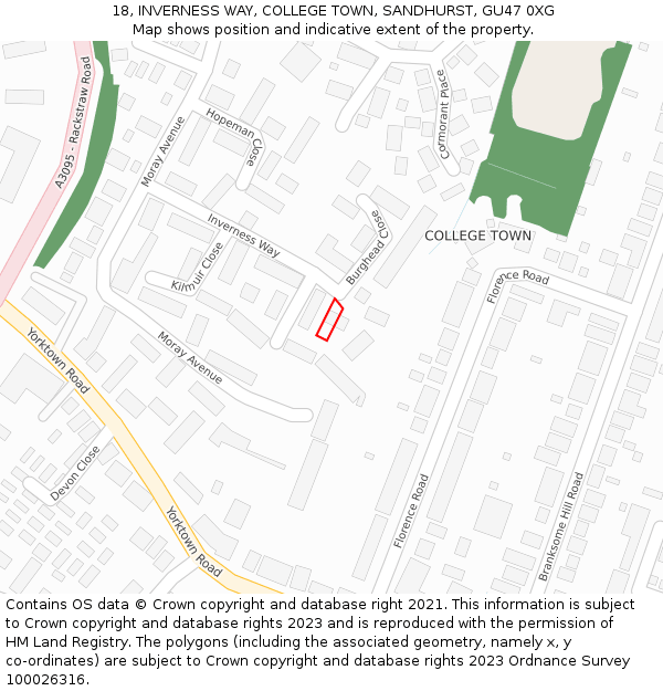 18, INVERNESS WAY, COLLEGE TOWN, SANDHURST, GU47 0XG: Location map and indicative extent of plot
