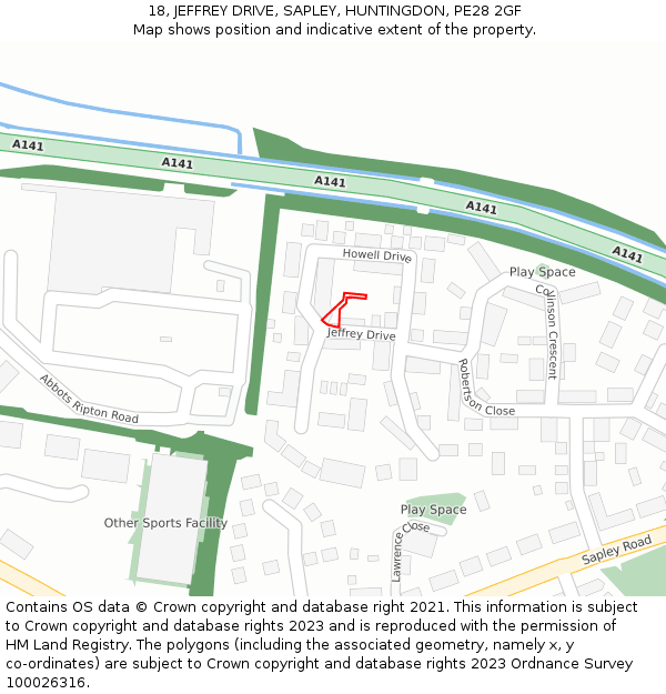 18, JEFFREY DRIVE, SAPLEY, HUNTINGDON, PE28 2GF: Location map and indicative extent of plot