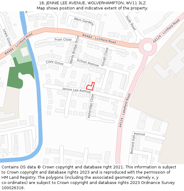 18, JENNIE LEE AVENUE, WOLVERHAMPTON, WV11 3LZ: Location map and indicative extent of plot