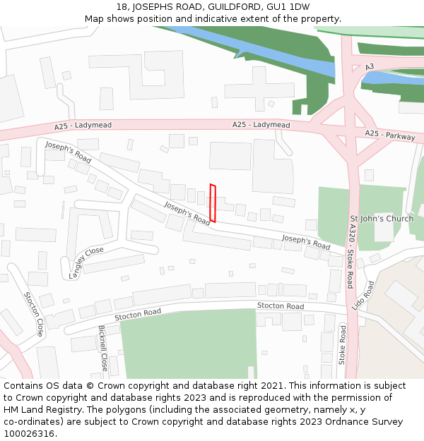 18, JOSEPHS ROAD, GUILDFORD, GU1 1DW: Location map and indicative extent of plot