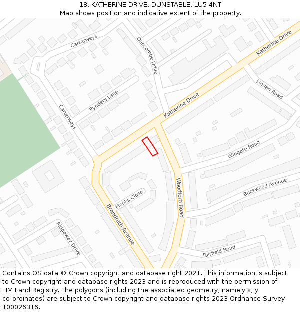 18, KATHERINE DRIVE, DUNSTABLE, LU5 4NT: Location map and indicative extent of plot