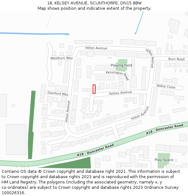 18, KELSEY AVENUE, SCUNTHORPE, DN15 8BW: Location map and indicative extent of plot