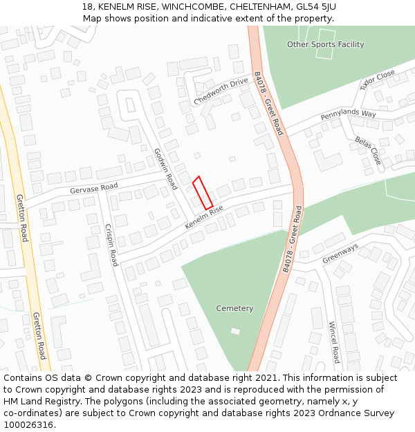 18, KENELM RISE, WINCHCOMBE, CHELTENHAM, GL54 5JU: Location map and indicative extent of plot