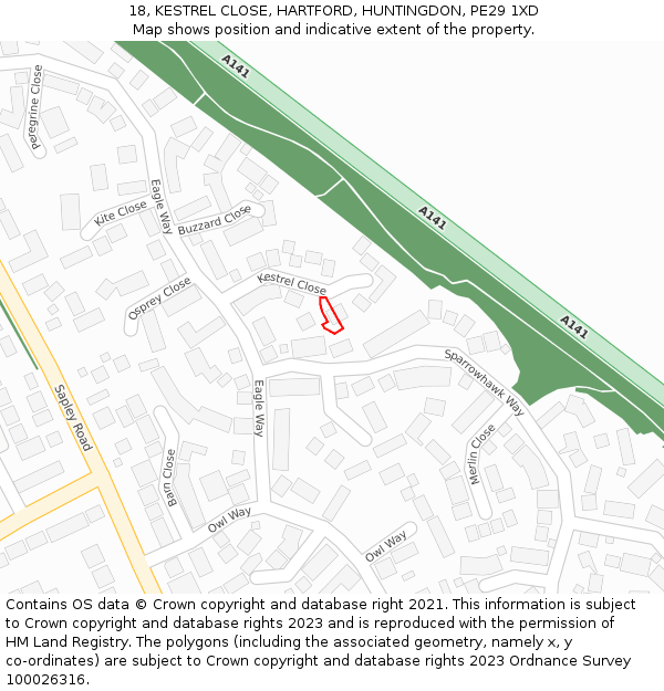 18, KESTREL CLOSE, HARTFORD, HUNTINGDON, PE29 1XD: Location map and indicative extent of plot