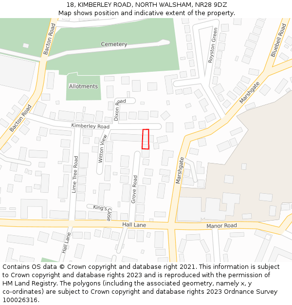 18, KIMBERLEY ROAD, NORTH WALSHAM, NR28 9DZ: Location map and indicative extent of plot