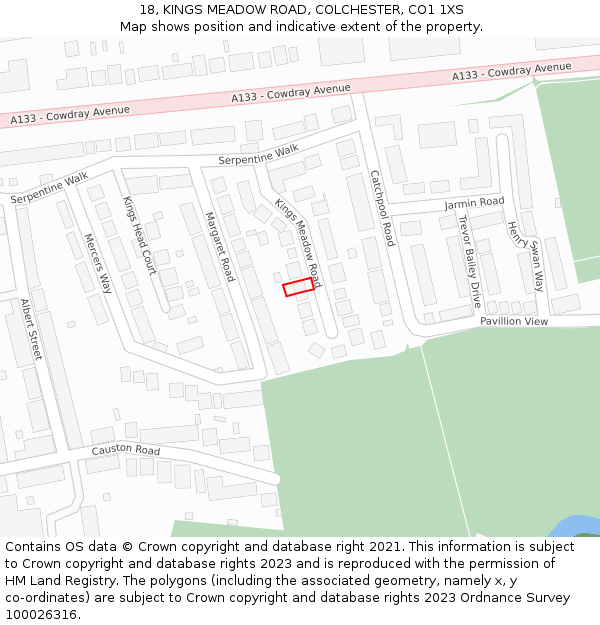 18, KINGS MEADOW ROAD, COLCHESTER, CO1 1XS: Location map and indicative extent of plot