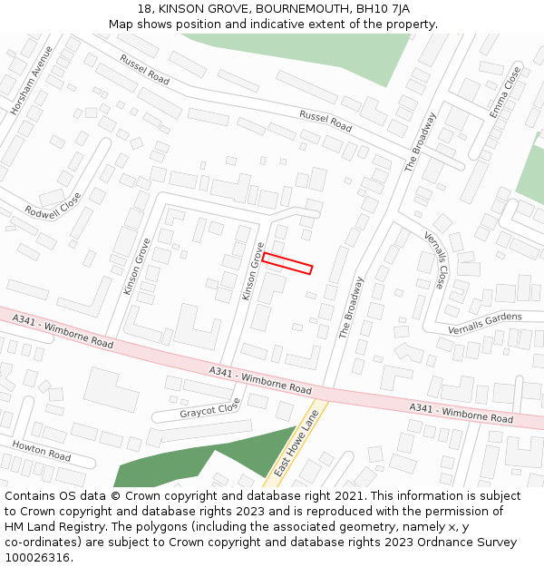 18, KINSON GROVE, BOURNEMOUTH, BH10 7JA: Location map and indicative extent of plot