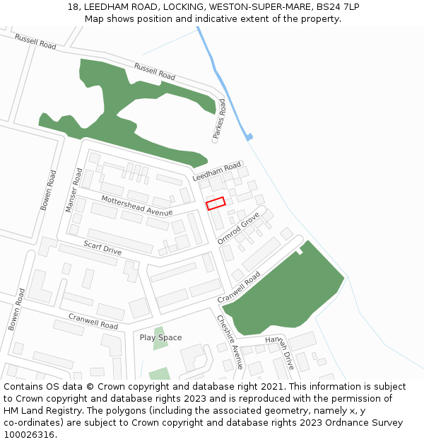 18, LEEDHAM ROAD, LOCKING, WESTON-SUPER-MARE, BS24 7LP: Location map and indicative extent of plot