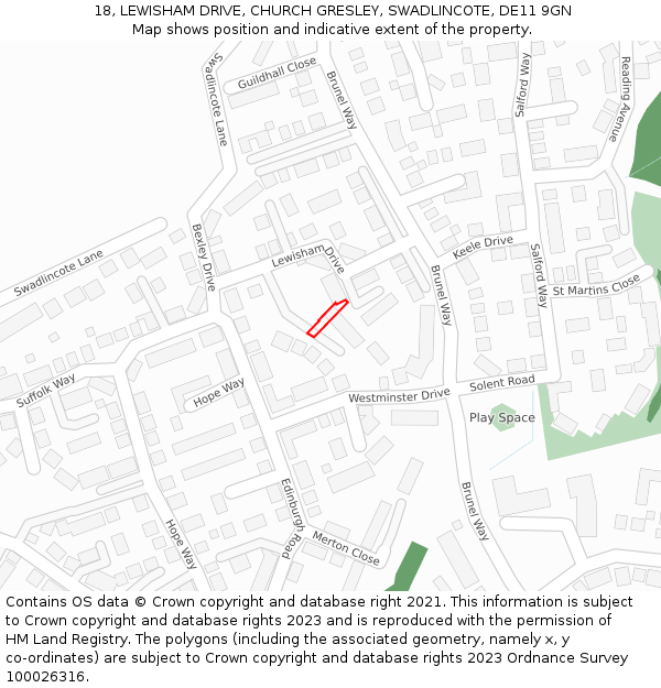18, LEWISHAM DRIVE, CHURCH GRESLEY, SWADLINCOTE, DE11 9GN: Location map and indicative extent of plot