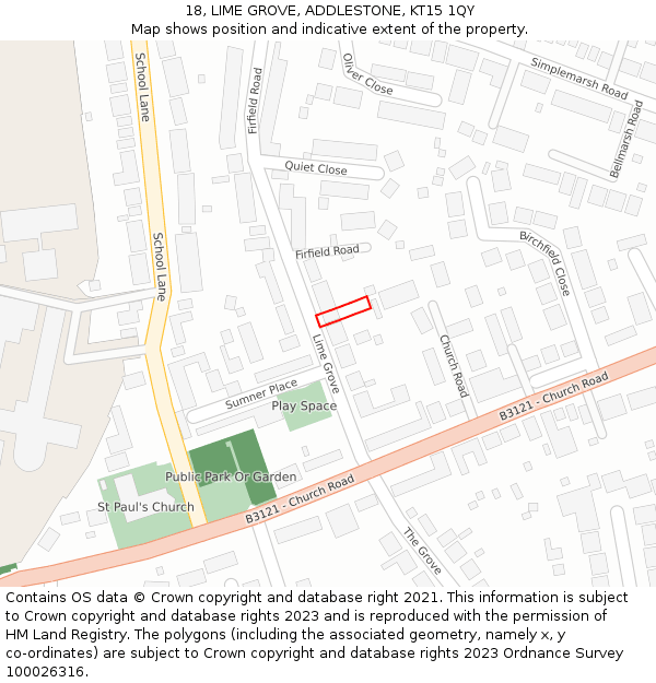 18, LIME GROVE, ADDLESTONE, KT15 1QY: Location map and indicative extent of plot