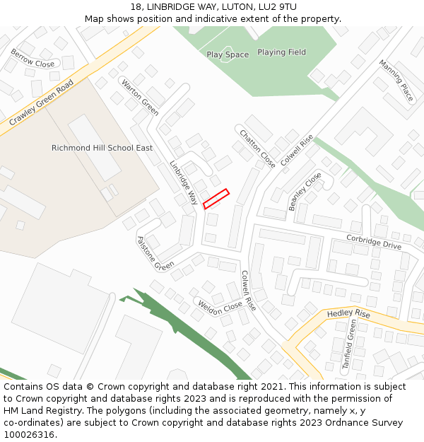 18, LINBRIDGE WAY, LUTON, LU2 9TU: Location map and indicative extent of plot
