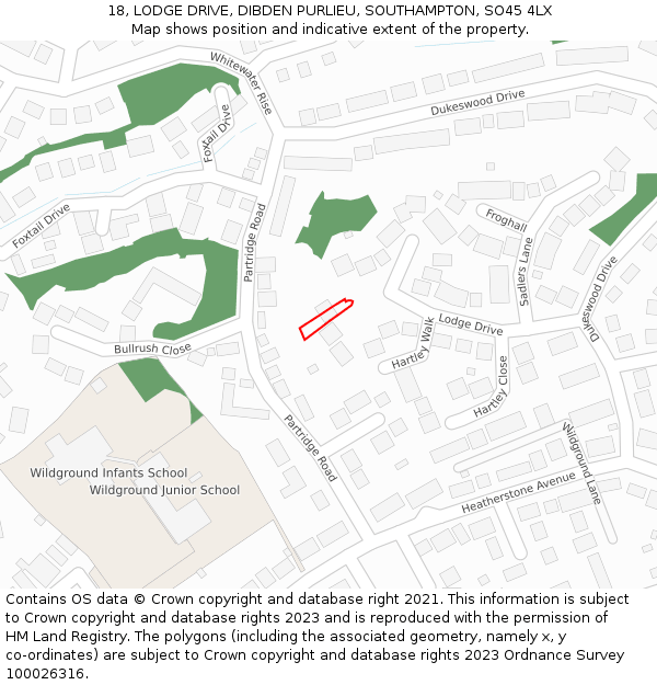 18, LODGE DRIVE, DIBDEN PURLIEU, SOUTHAMPTON, SO45 4LX: Location map and indicative extent of plot