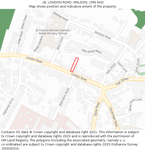 18, LONDON ROAD, MALDON, CM9 6HD: Location map and indicative extent of plot