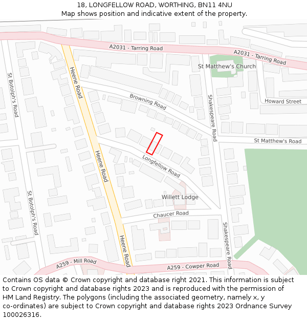 18, LONGFELLOW ROAD, WORTHING, BN11 4NU: Location map and indicative extent of plot