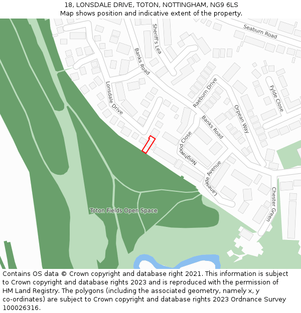 18, LONSDALE DRIVE, TOTON, NOTTINGHAM, NG9 6LS: Location map and indicative extent of plot