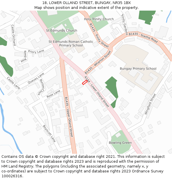 18, LOWER OLLAND STREET, BUNGAY, NR35 1BX: Location map and indicative extent of plot