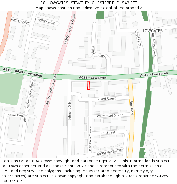 18, LOWGATES, STAVELEY, CHESTERFIELD, S43 3TT: Location map and indicative extent of plot