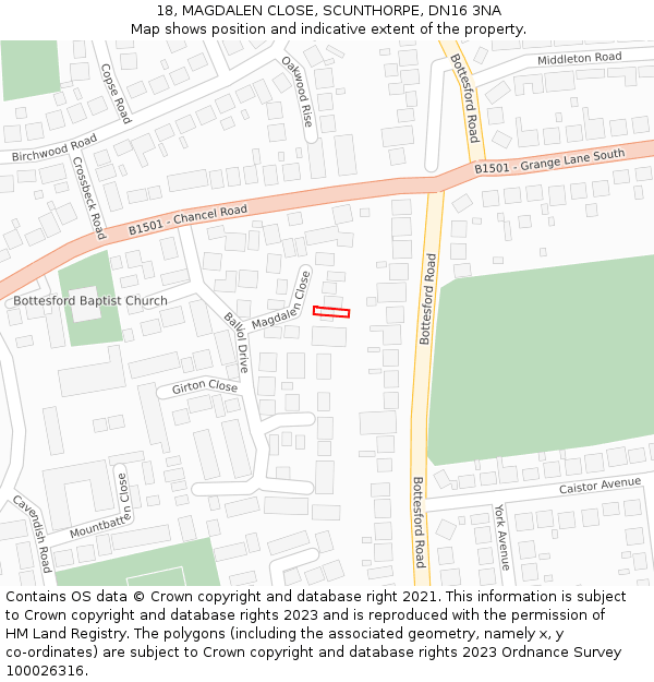 18, MAGDALEN CLOSE, SCUNTHORPE, DN16 3NA: Location map and indicative extent of plot