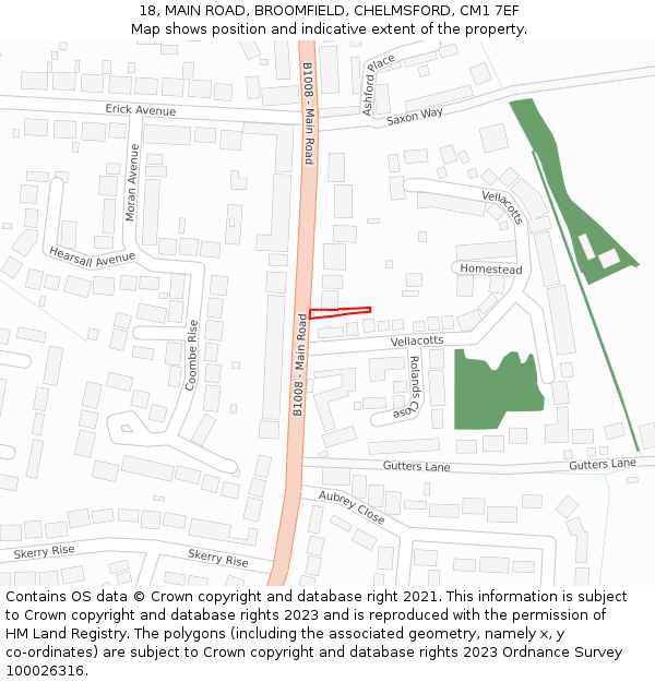 18, MAIN ROAD, BROOMFIELD, CHELMSFORD, CM1 7EF: Location map and indicative extent of plot