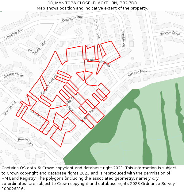 18, MANITOBA CLOSE, BLACKBURN, BB2 7DR: Location map and indicative extent of plot